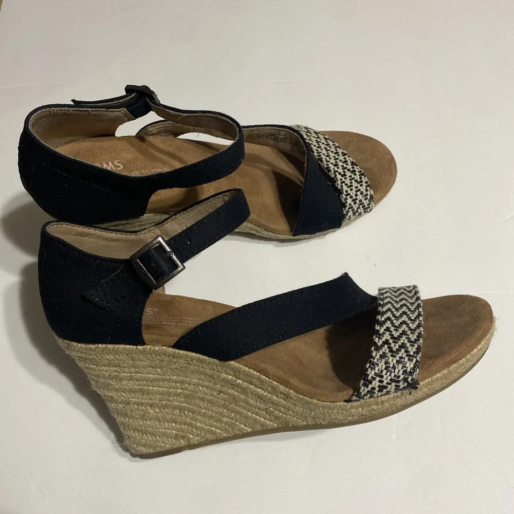 Toms‎ Clarissa Espadrille Women's Size 9 Black White Woven Rope Wedge Sandals
